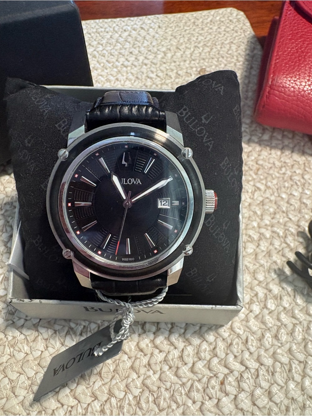Bulova Men’s Black Dial Silver Case Leather Strap Watch